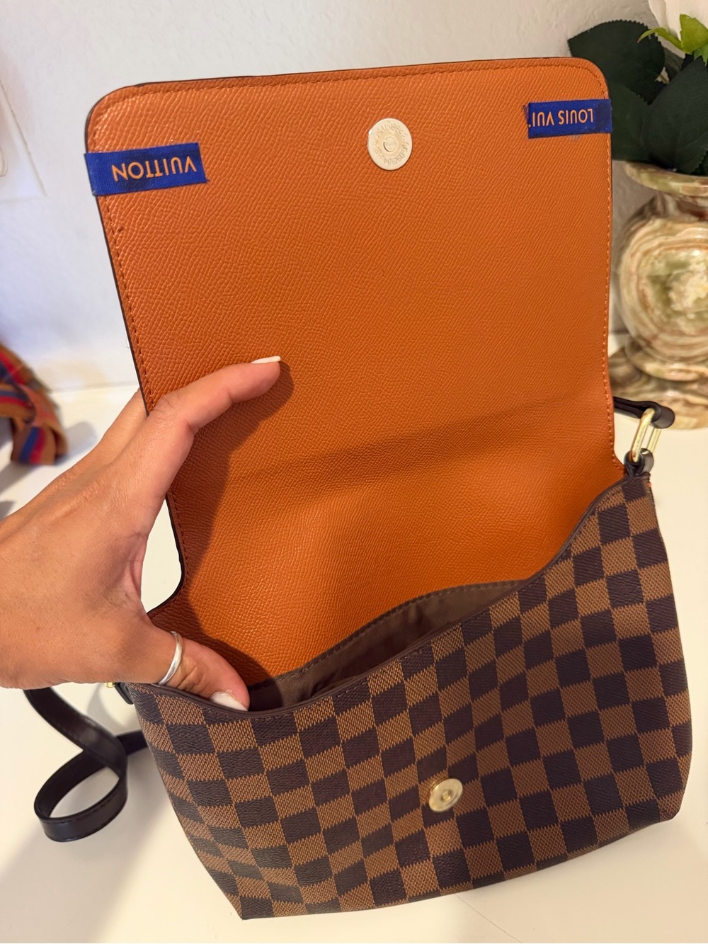 Designer inspired Brown Check Crossbody Bag with Blue Stripe - Picture 2 of 3